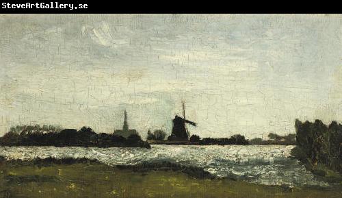 Theo van Doesburg River landscape with steeple and mill.